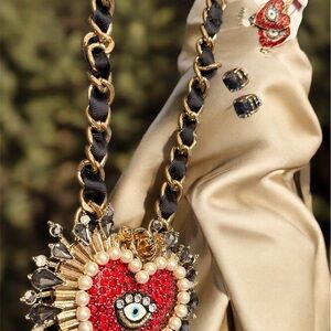 Betsey Johnson Red and Gold Heart Pendant Necklace and 2 pr of matching earrings
